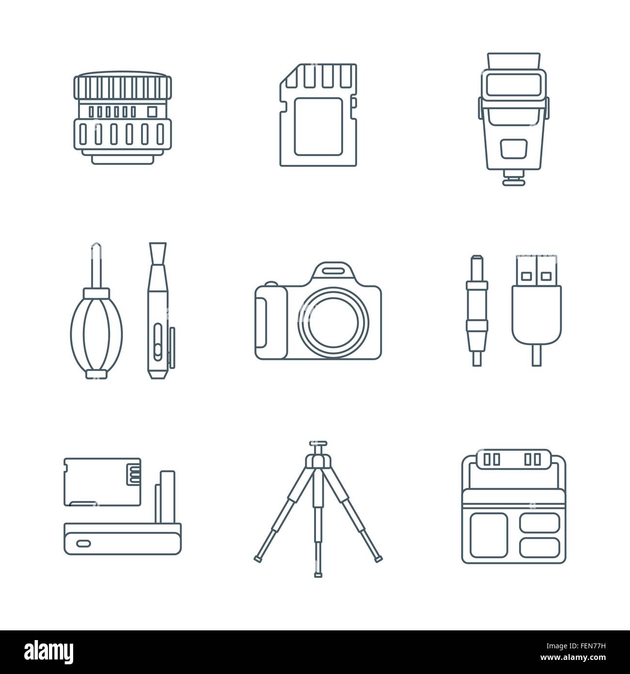 vector grey outline various digital photography equipment icons white ...