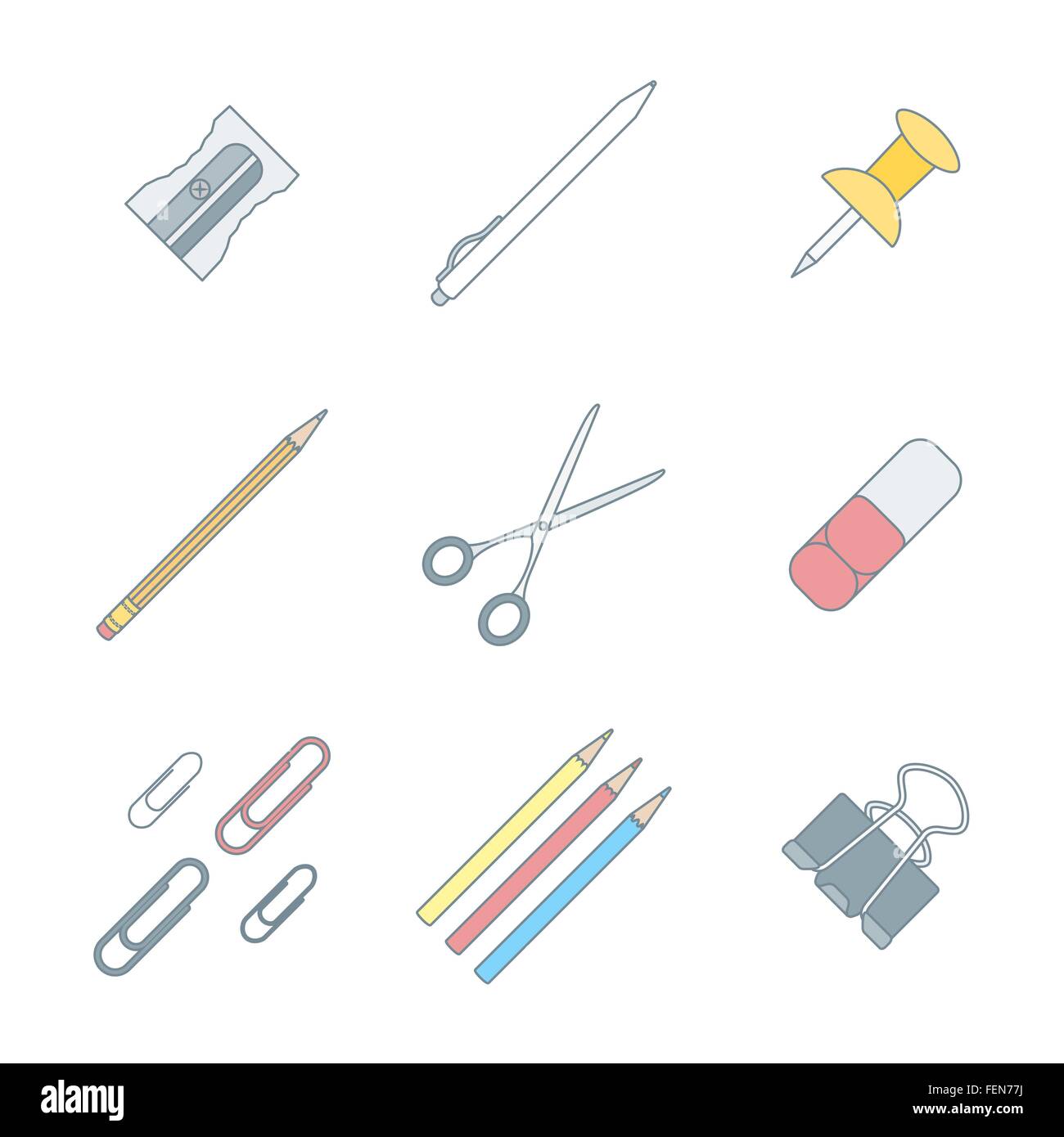 vector colored outline various stationery icons set white background ...