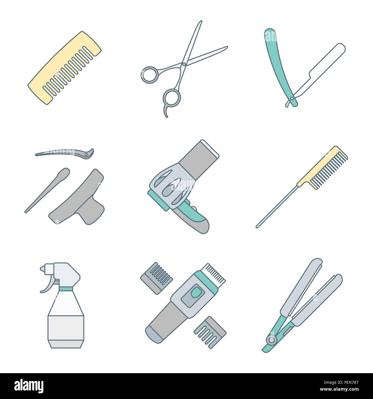 Vector Hairdresser Barber Tools Equipment Colored Outline Icons