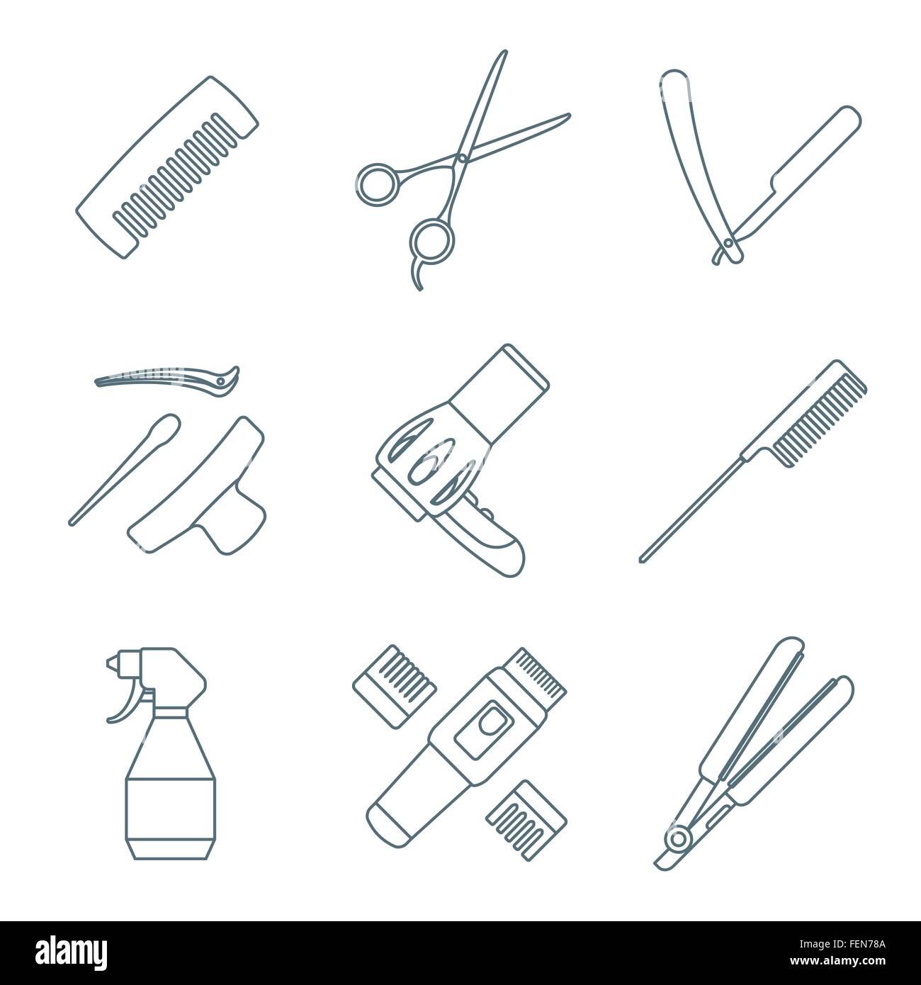 Vector Hairdresser Barber Tools Equipment Dark Grey Color Outline