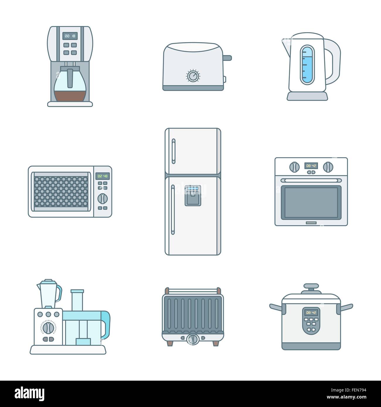 vector color outline various kitchen electric devices gadgets icons set Stock Vector