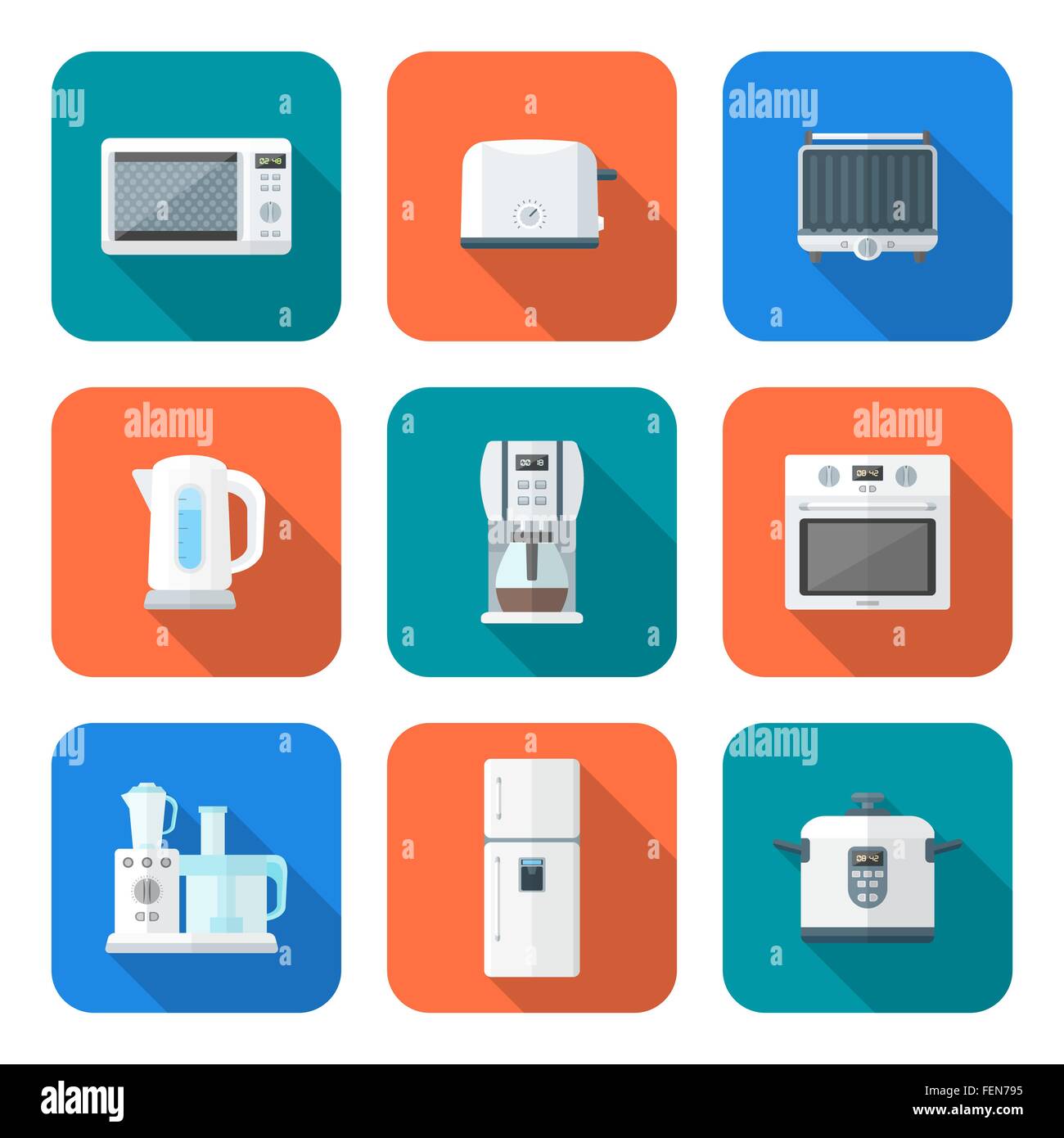 vector colored flat design various kitchen electric devices gadgets icons set long shadow Stock Vector