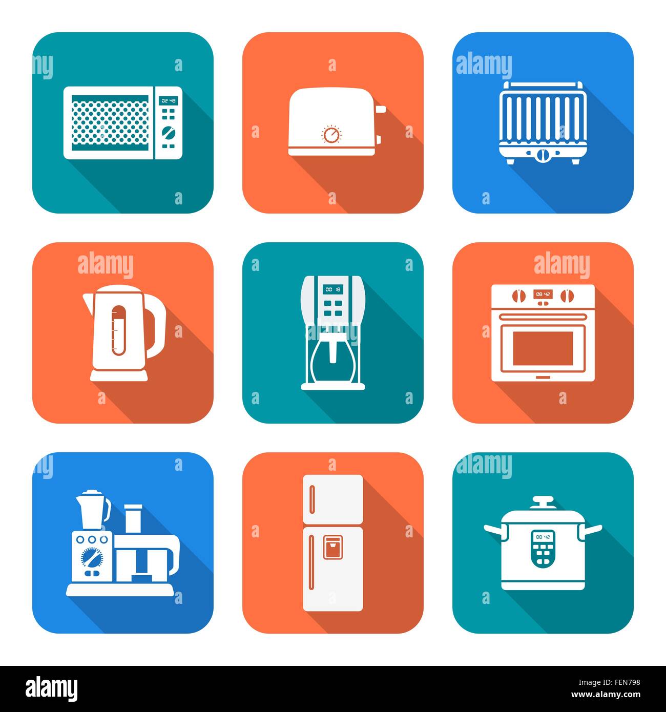 vector white silhouette flat design various kitchen electric devices gadgets icons set long shadow Stock Vector