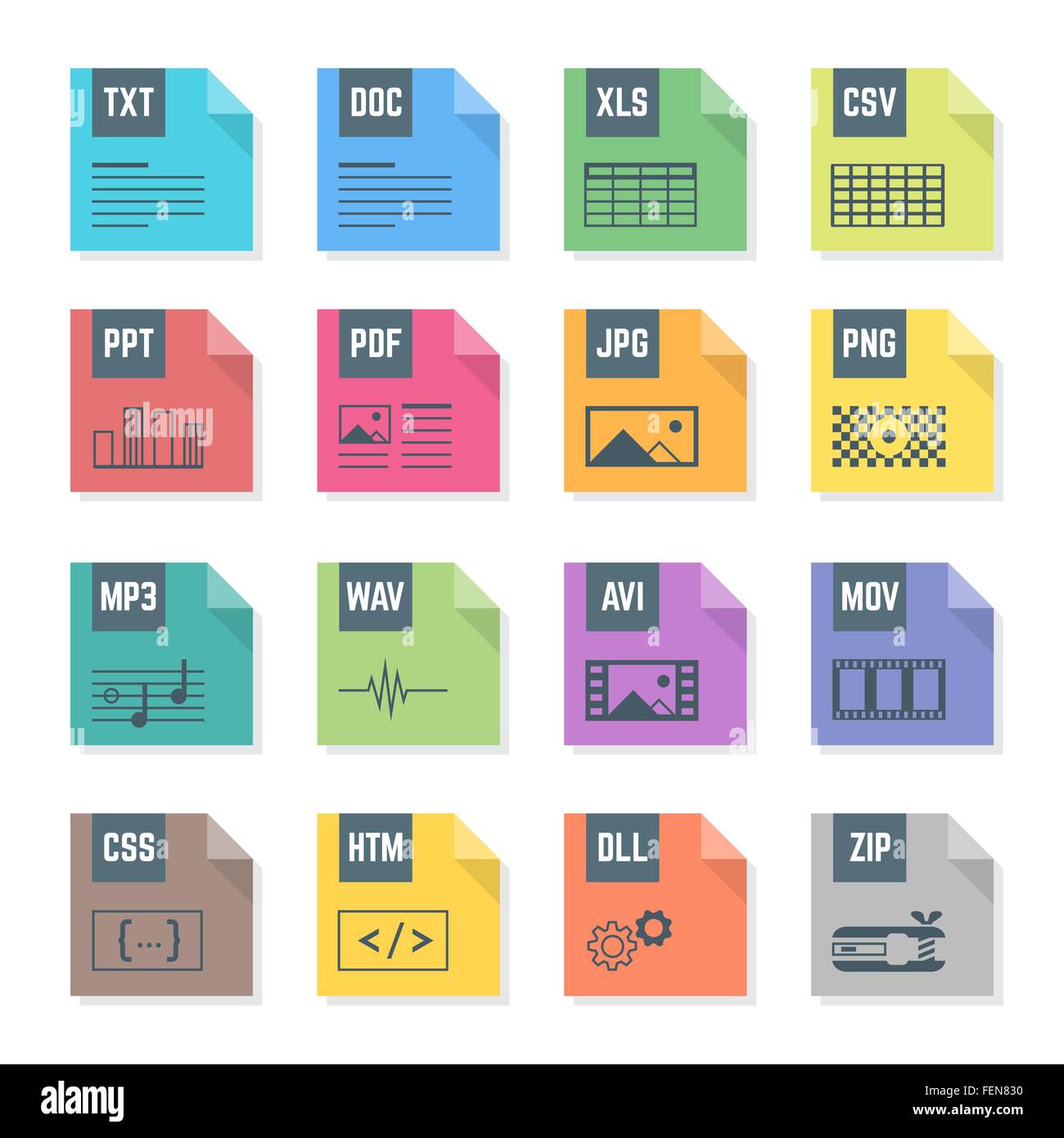 vector various flat design colored file formats icons with symbols ...