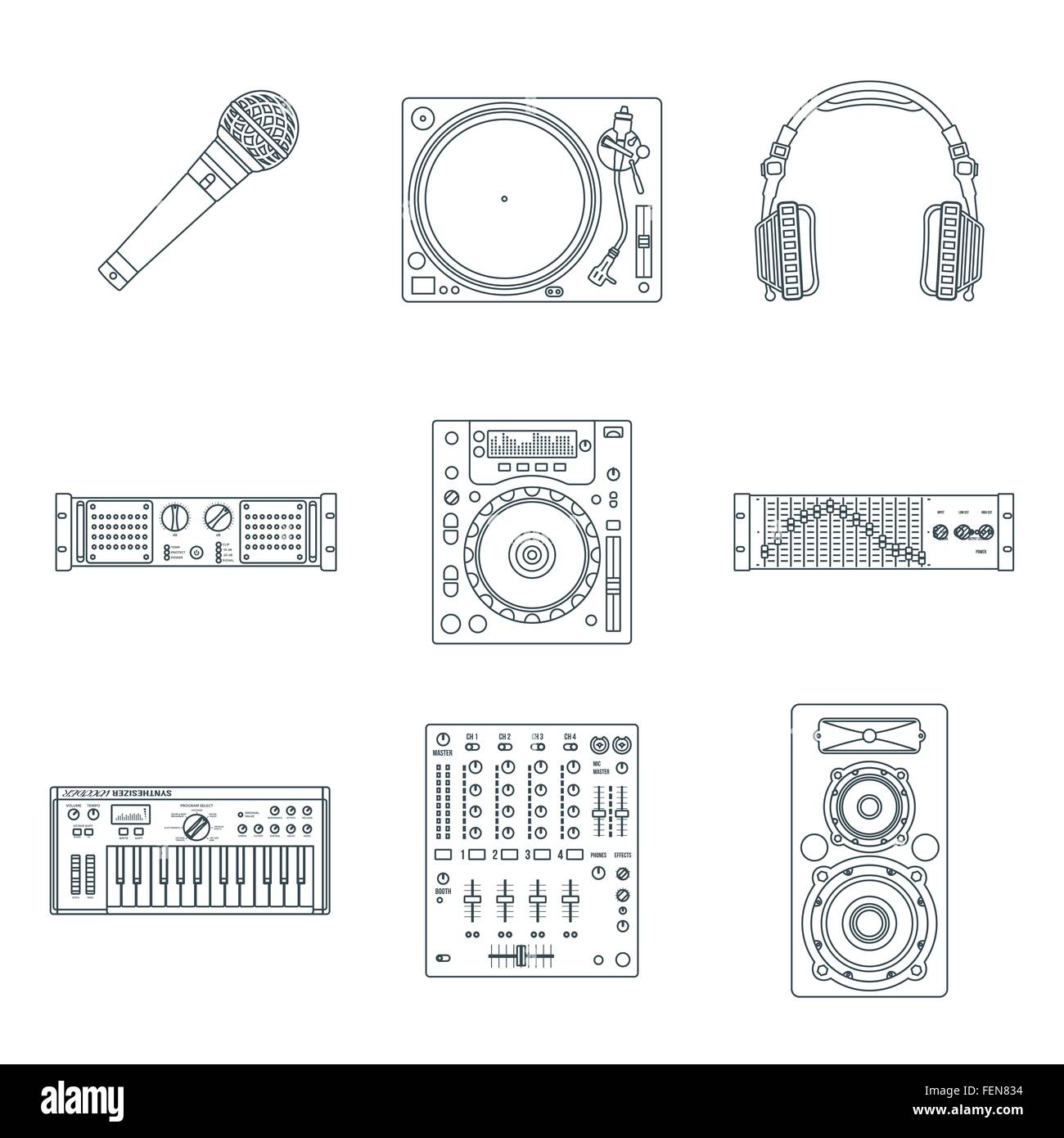 vector various dark outline sound dj equipment devices technical illustration icons set white