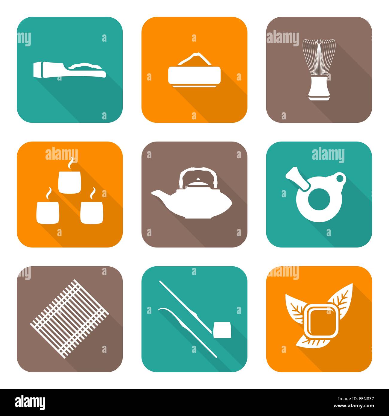 vector white color flat design japan tea ceremony equipment icons ...