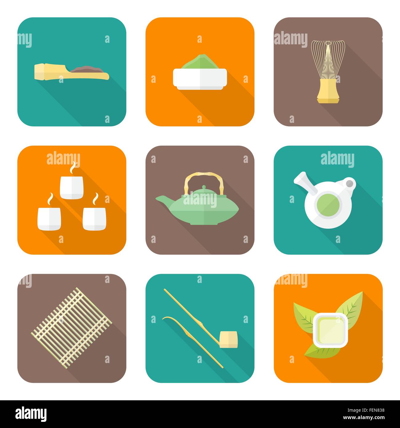 vector colored flat design japan tea ceremony equipment icons ...