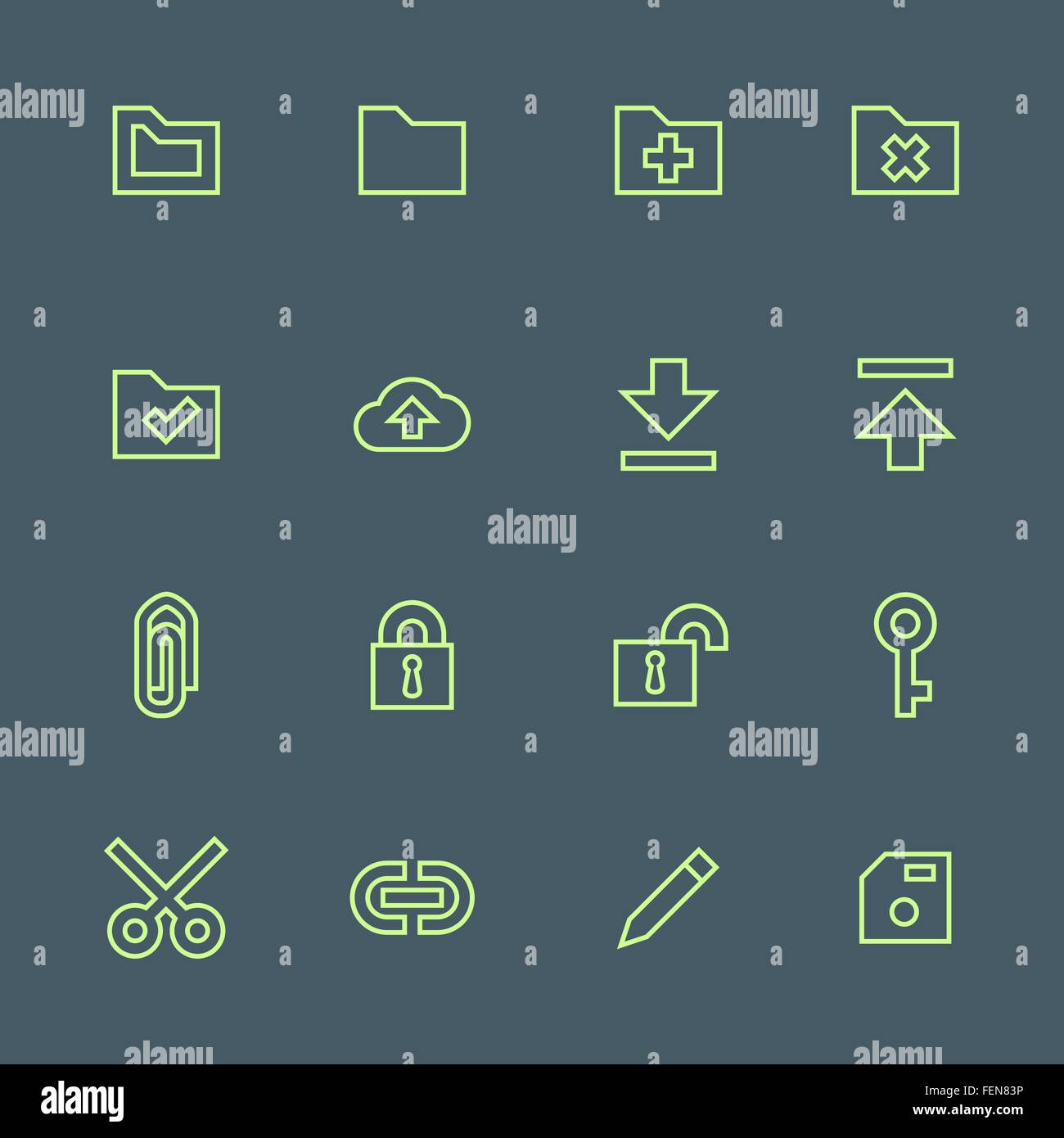 vector light green outline various file actions icons set on dark