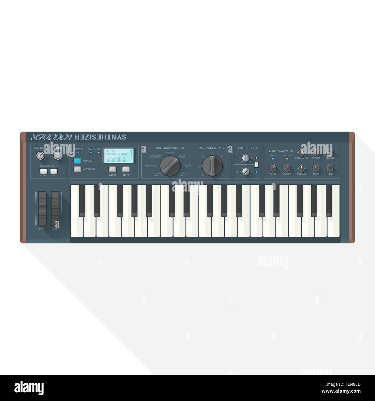 color flat style vector grey blue piano roll analog synthesizer faders buttons knobs display on