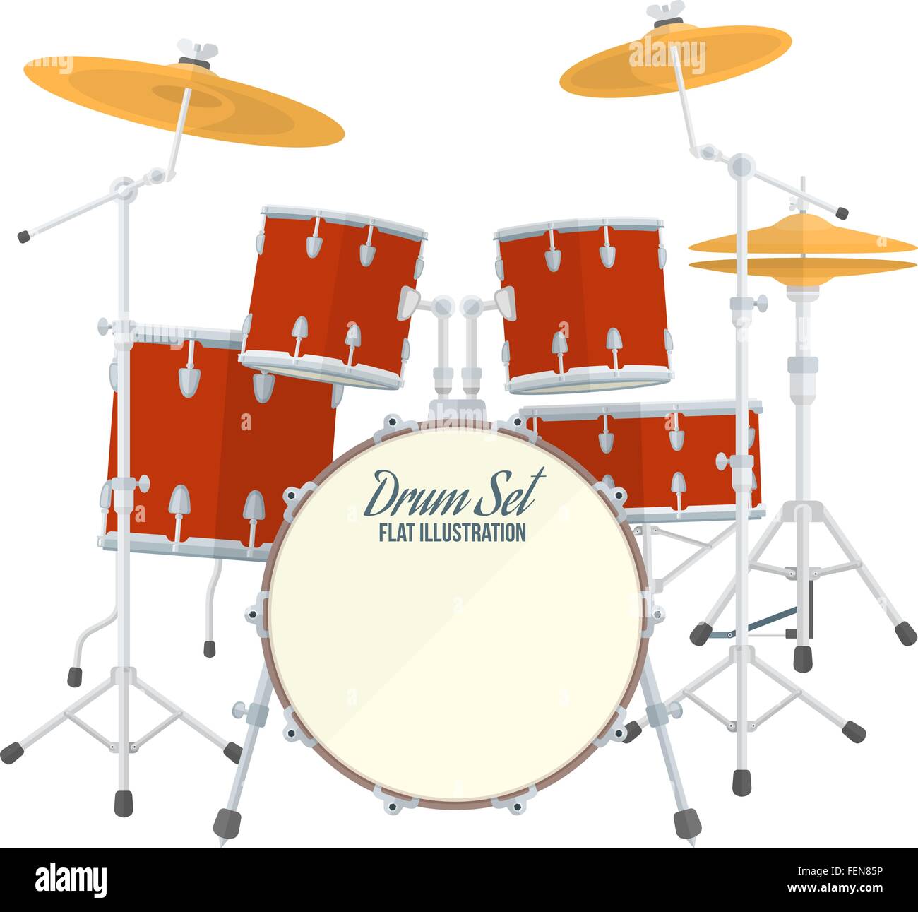 color flat style vector drum set on white background bass tom-tom ride cymbal crash hi-hat snare stands Stock Vector