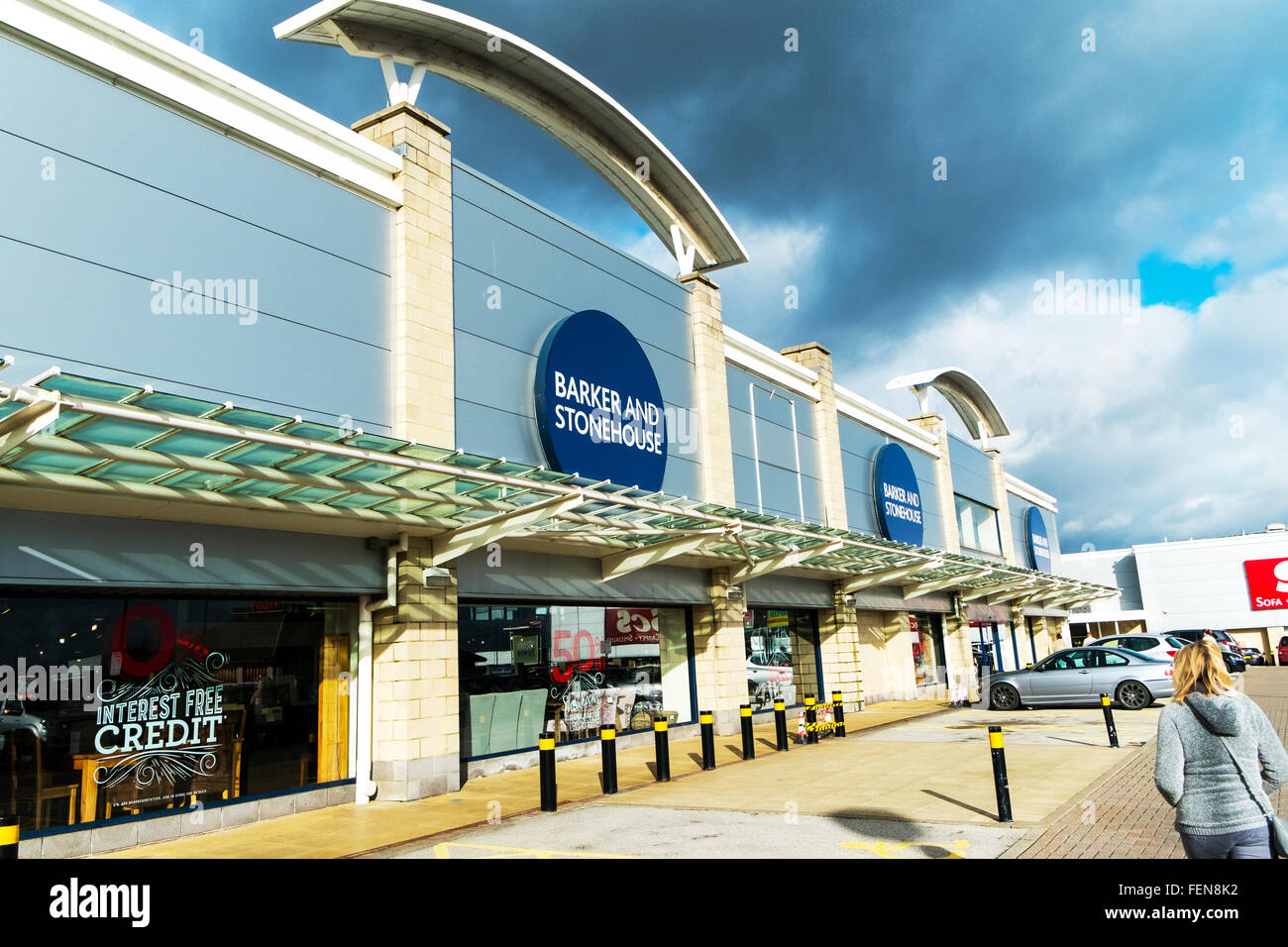 Barker and Stonehouse store sign logo name shop exterior leeds Birstall retail park Batley Stock Photo