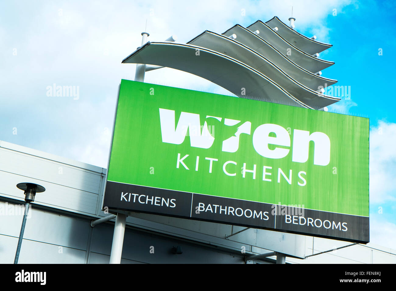 Wren kitchens store sign logo name bedrooms bathrooms interiors leeds Birstall retail park Batley Stock Photo