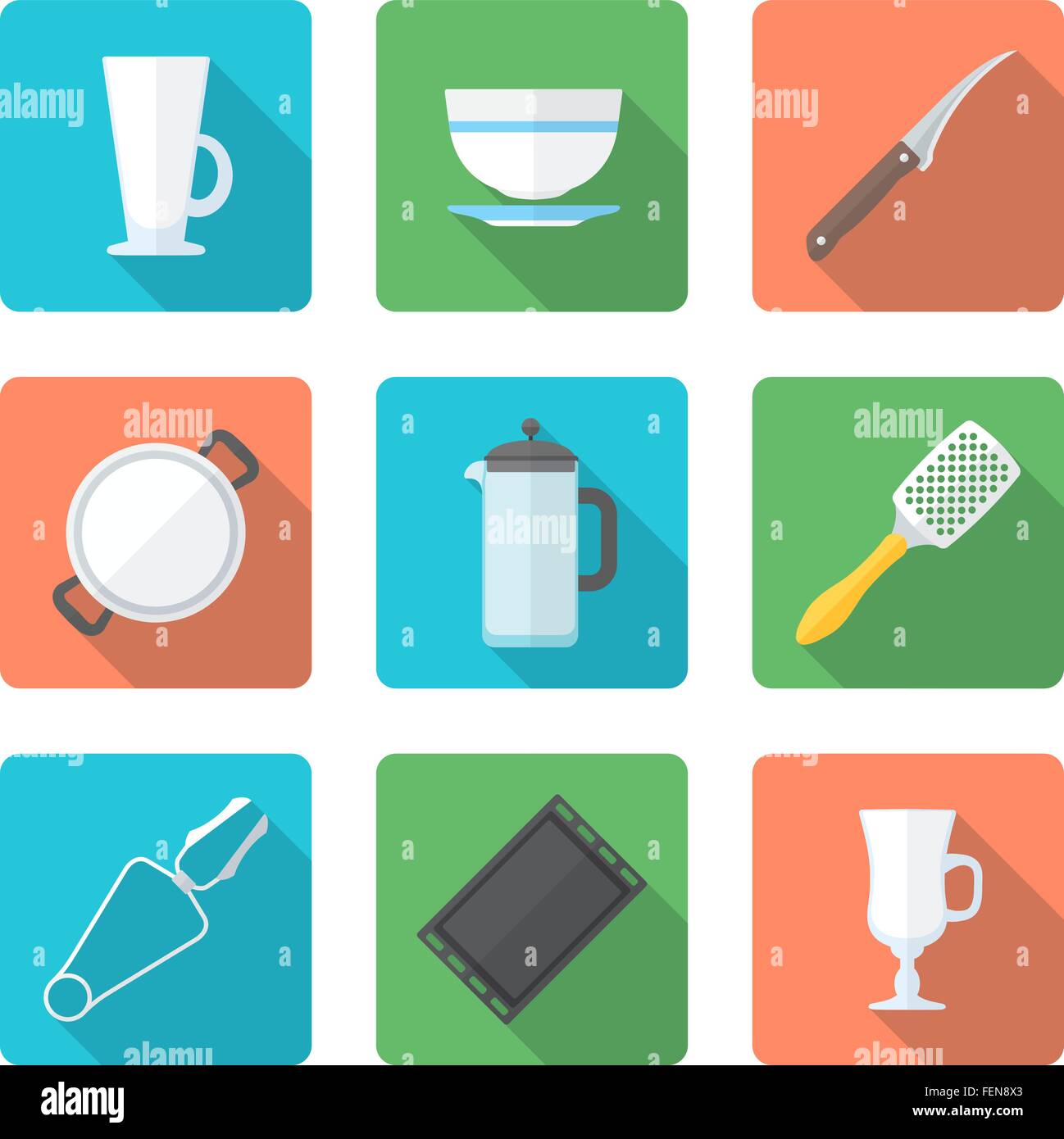 vector colored falt design dinnerware tableware utensil icons mug, soup  plate, citrus knife, pan, teapot, grater, tongs, oven-tr Stock Vector Image  & Art - Alamy