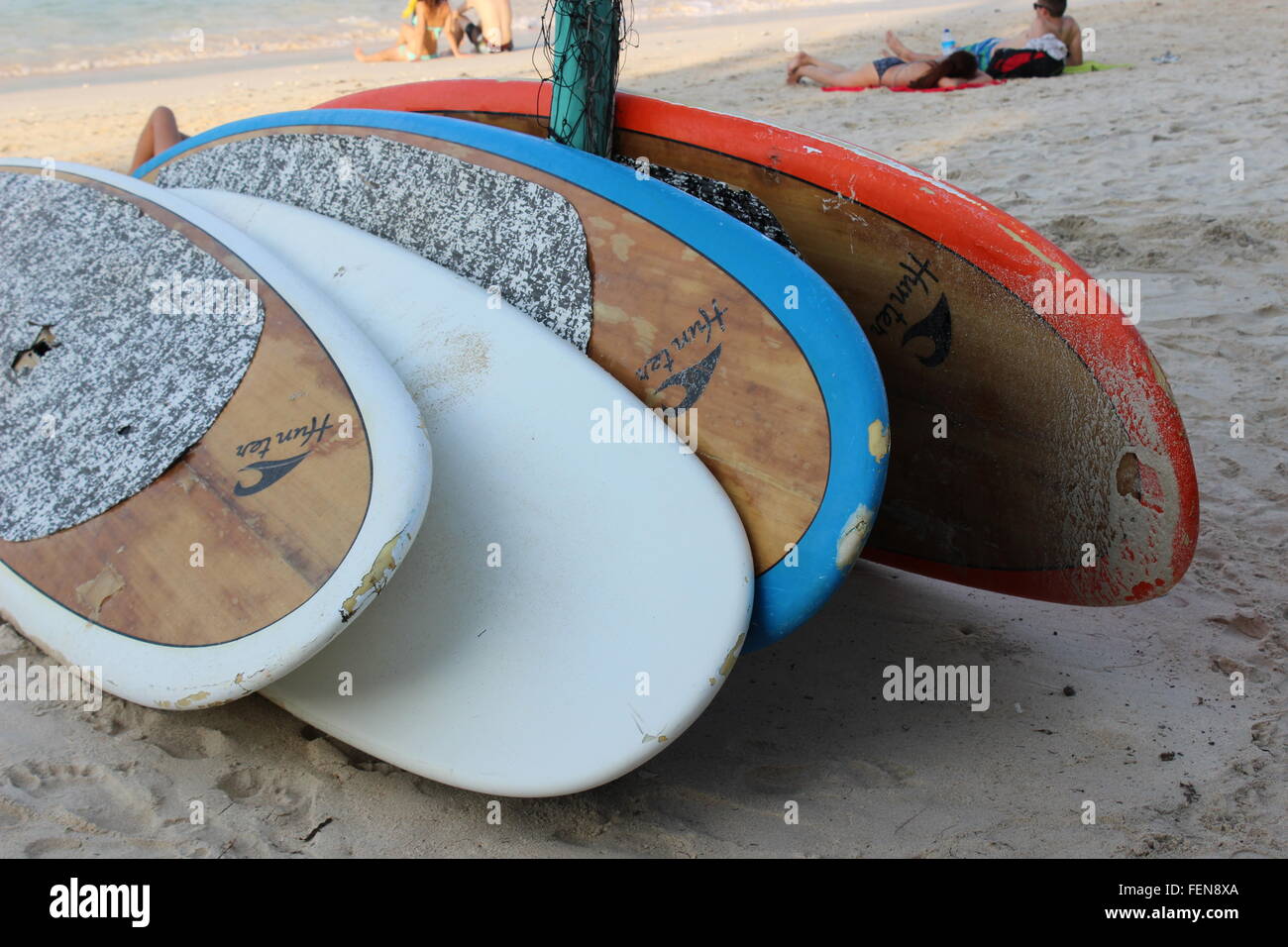 Surfboards laying on the beach. Gili Trawangan, Indonesia. Stock Photo