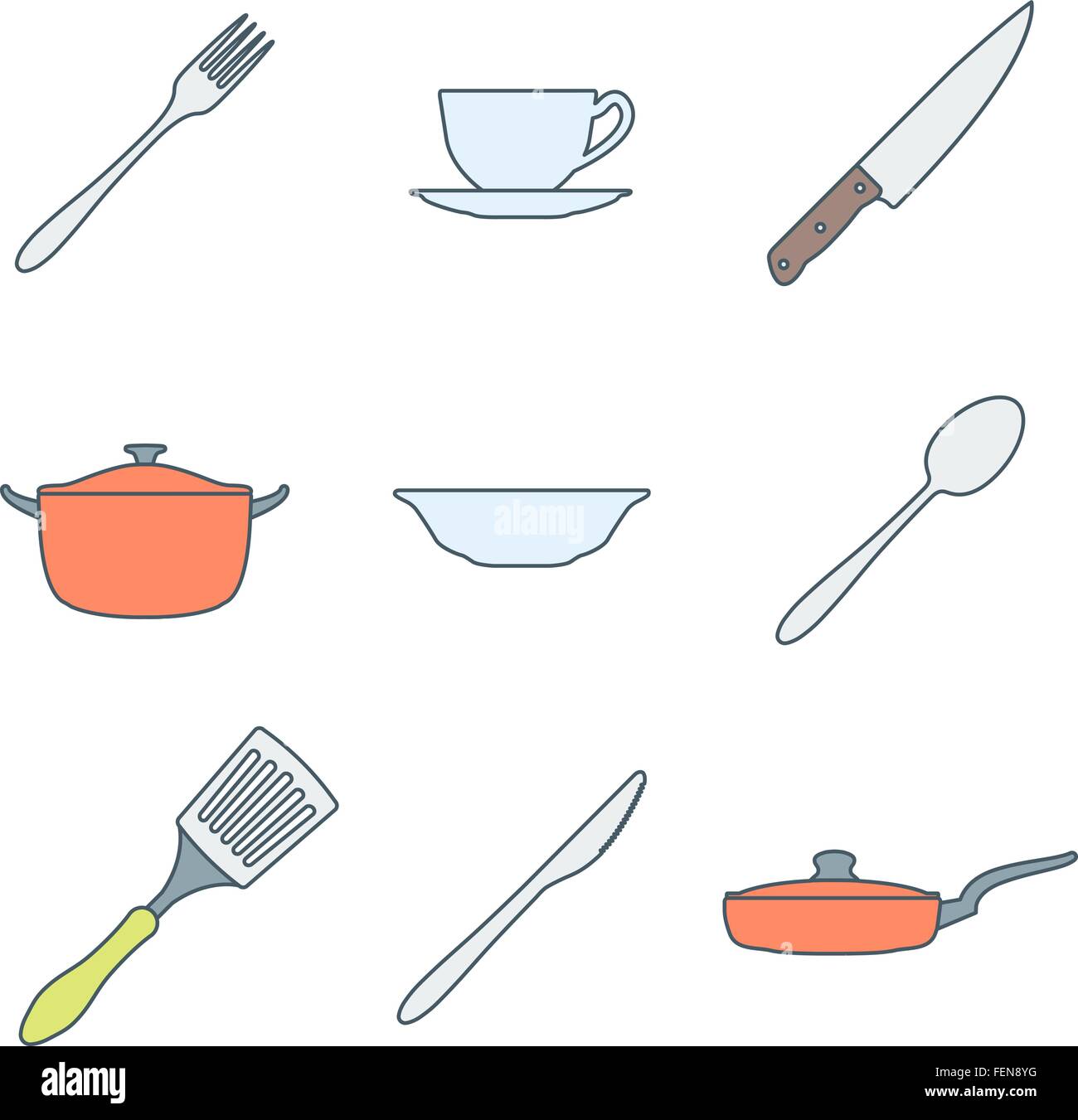 vector various colored outline dinnerware icons set Stock Vector Image