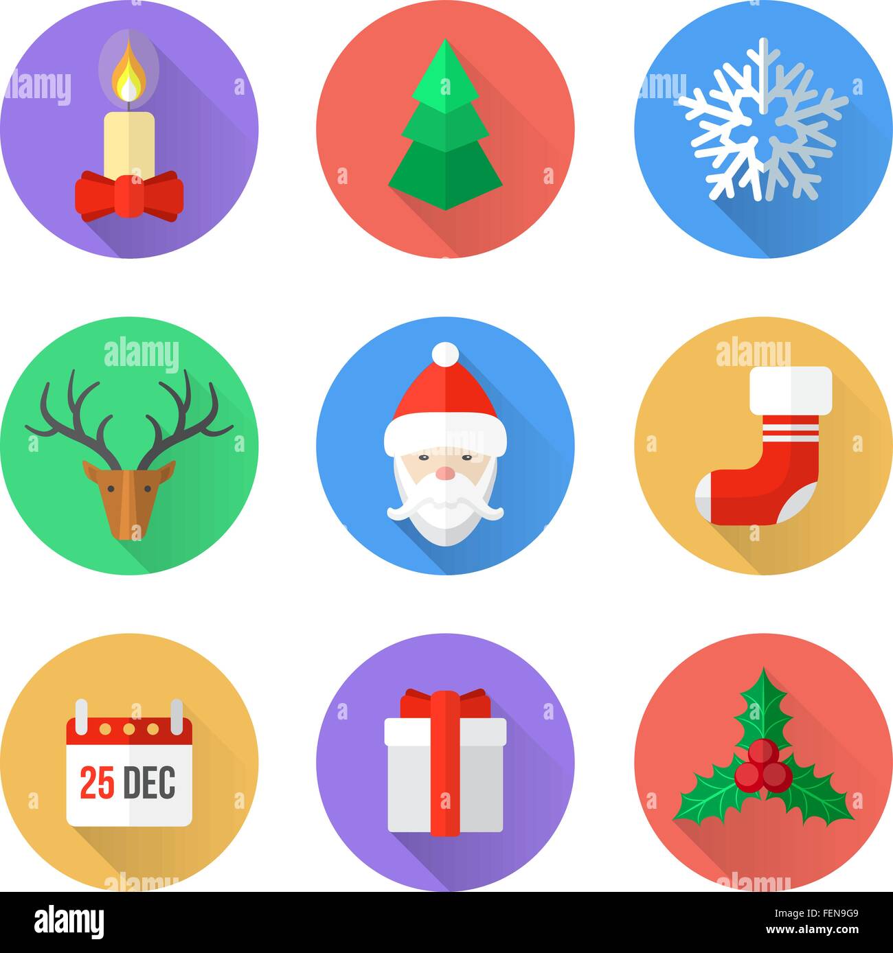 vector various christmas new year flat style color icons set with ...