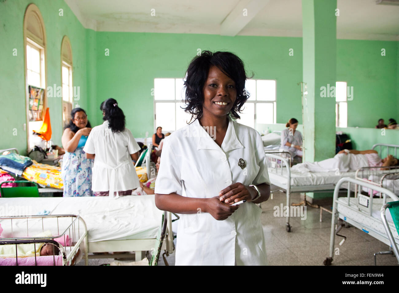 A nurse on the ward in central Havana's maternity hospital, Cuba (permission to photograph was given by mothers) Stock Photo