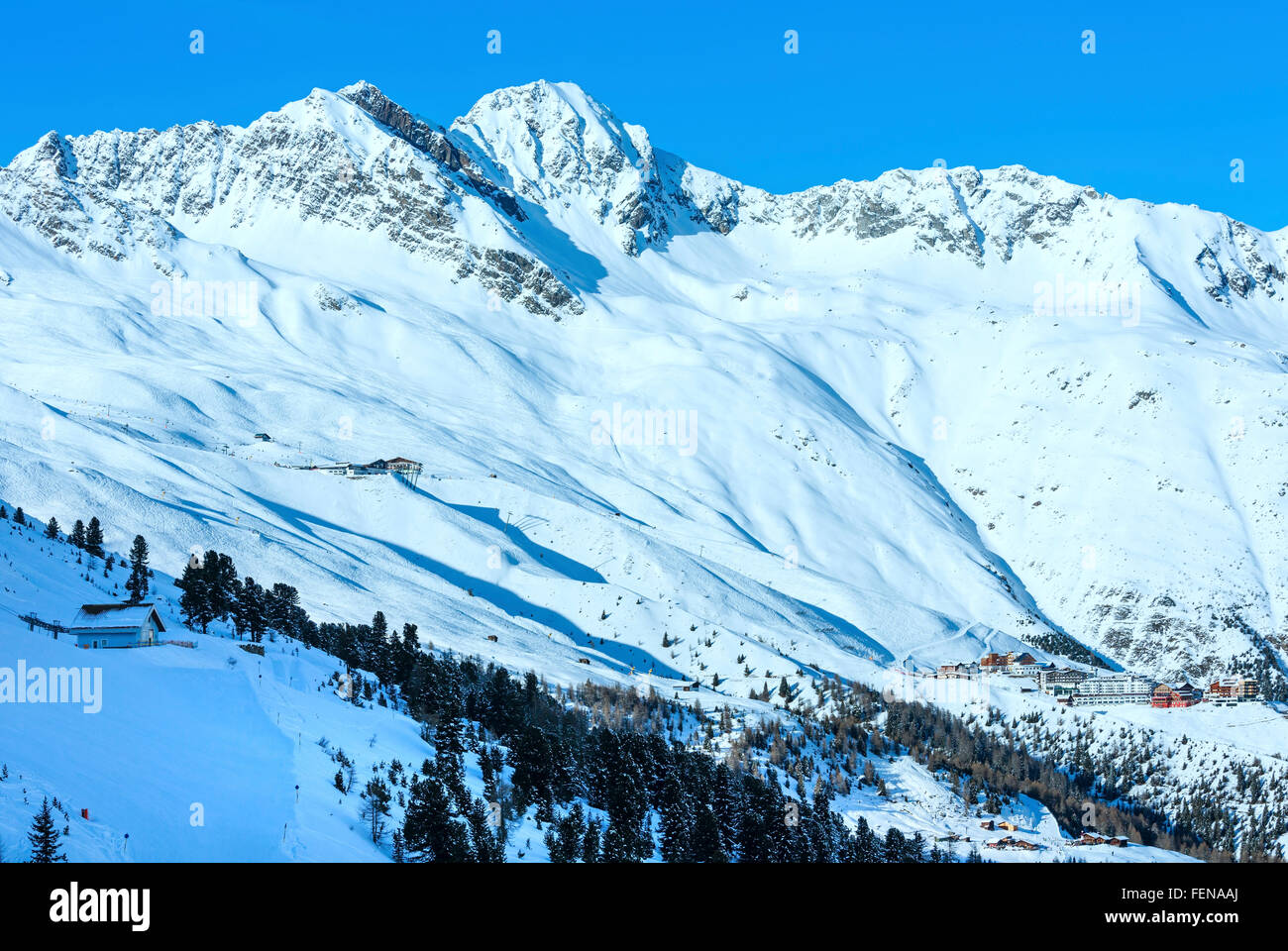 Scenery from the cabin ski lift at the snowy slopes (Tyrol, Austria). Stock Photo