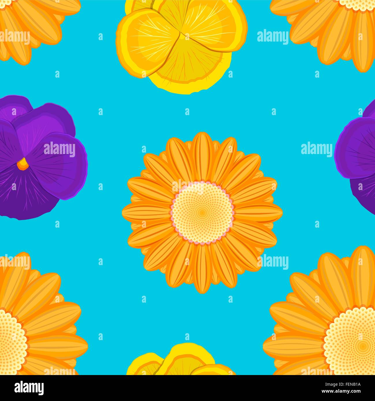 orange gerbera and violet flowers seamless blue pattern Stock Vector