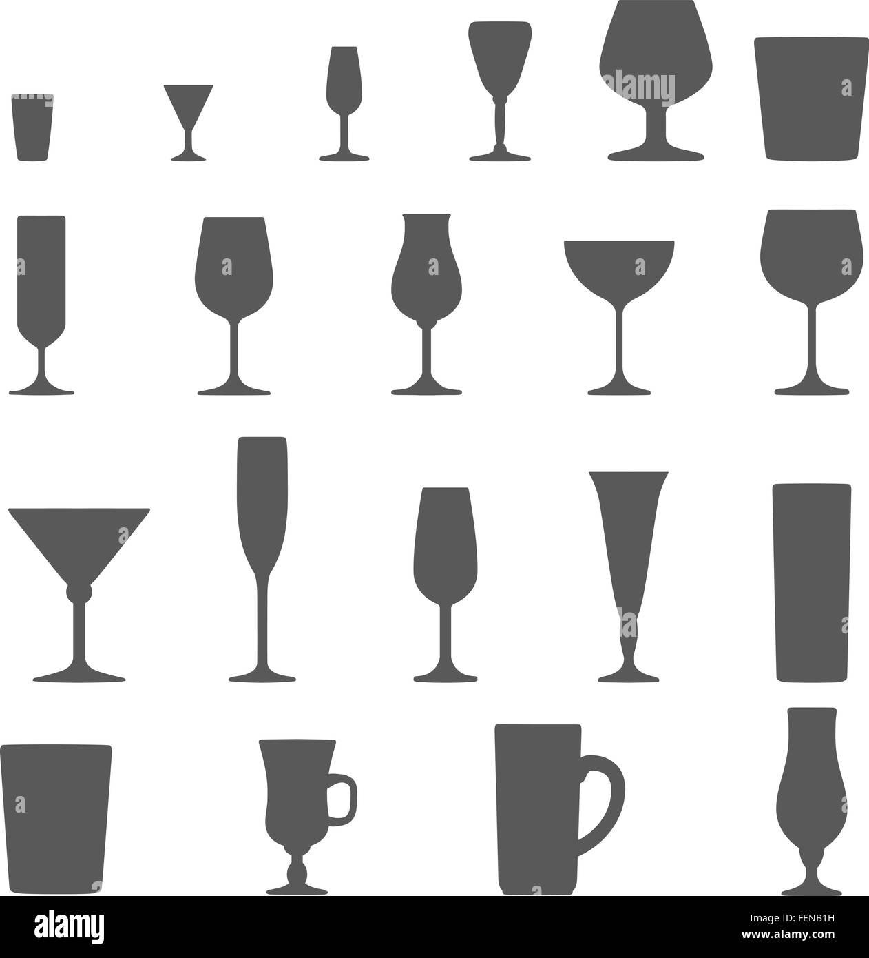 monochrome alcohol glasses vector silhouette set Stock Vector