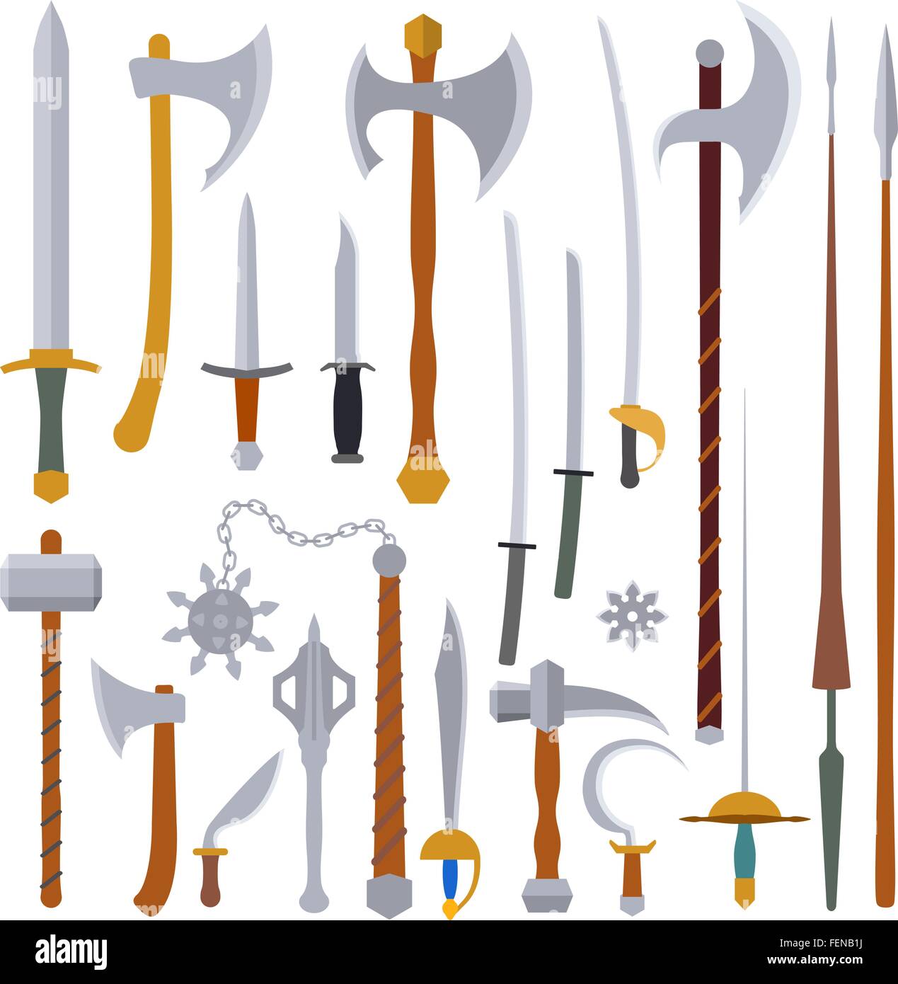 flat design colors medieval cold weapon set Stock Vector