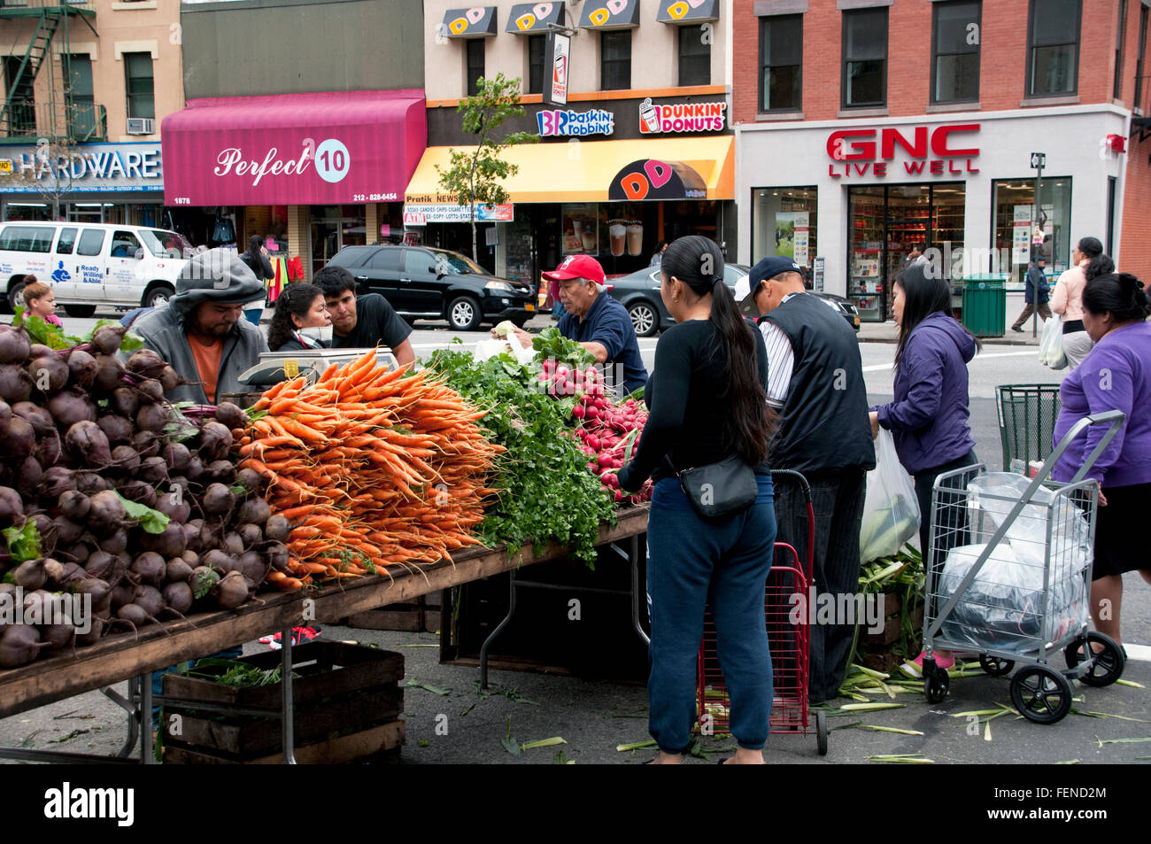 Outdoor Fresh fruit and veg market produce in Harlem New York City