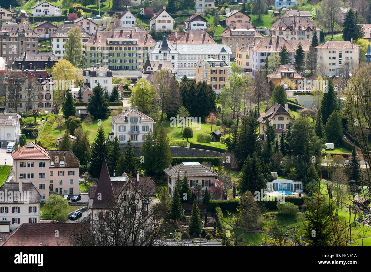 View of Le Locle, UNESCO World Heritage Site La Chaux-de-Fonds / Le Locle, Watchmaking town planning, Canton of Neuchâtel, Switz Stock Photo