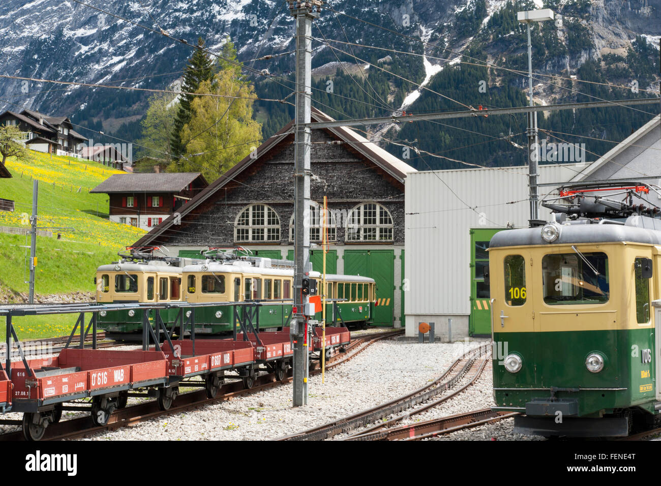 Cog railway Wengernalpbahn, Grindelwald Grund, UNESCO World Heritage Site Swiss Alps Jungfrau-Aletsch, canton Bern, Bernese Ober Stock Photo