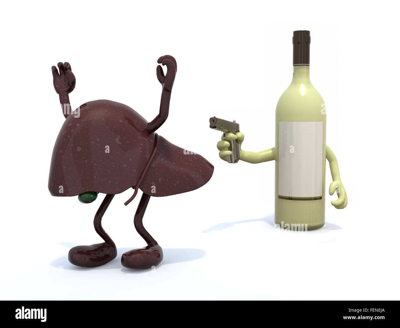 white wine bottle with arms wielding gun to the human liver, 3d illustration Stock Photo