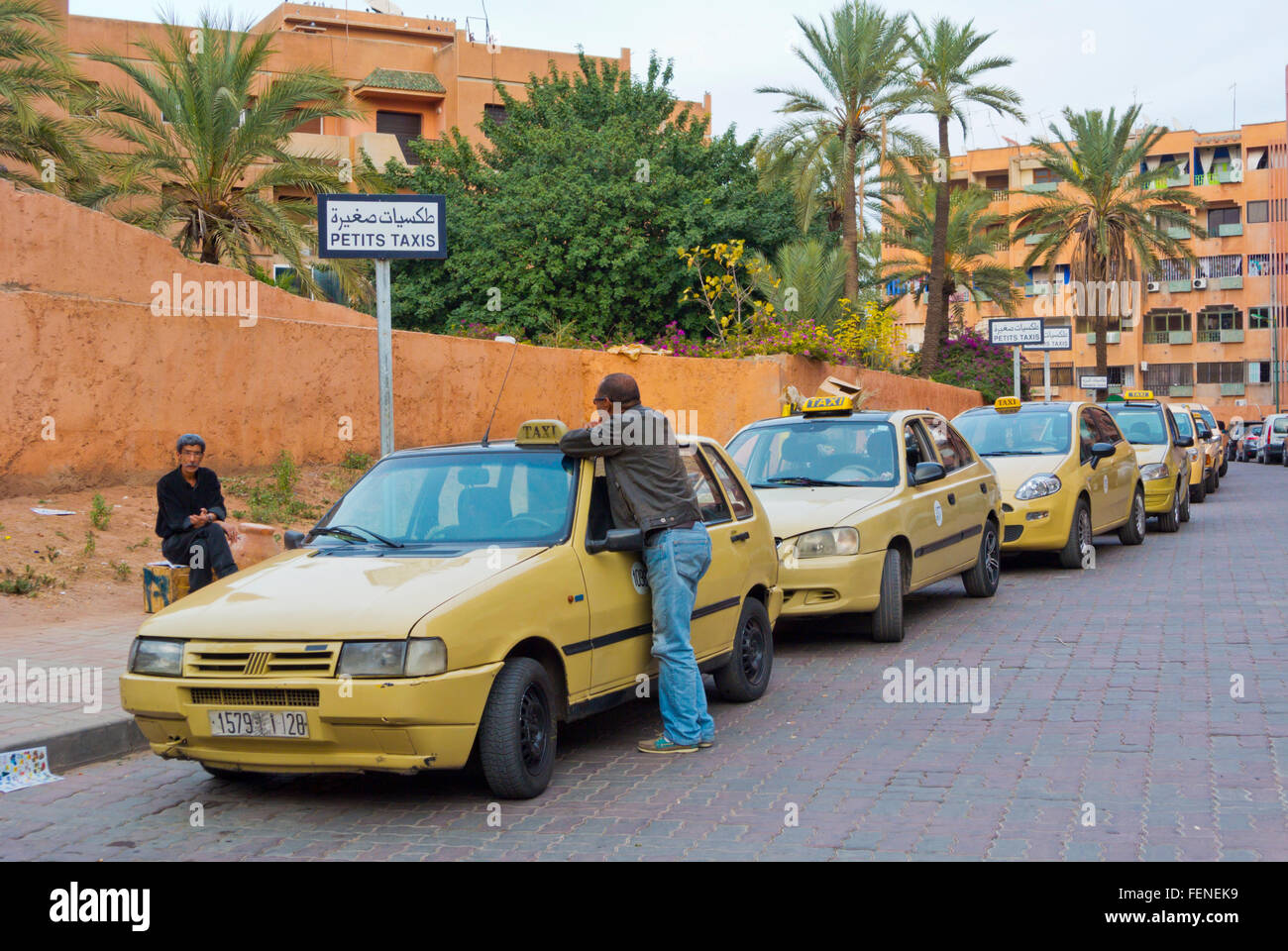 Taxis, outside Jardin Majorelle, Gueliz, Ville Nouvelle, Marrakesh, Morocco, northern Africa Stock Photo