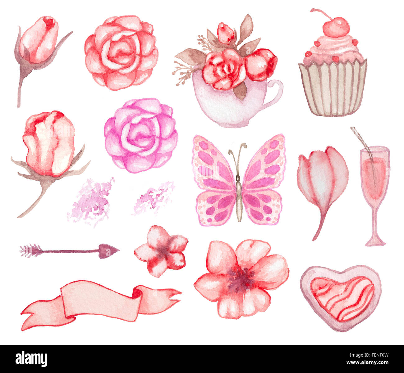 Set of pink romantic watercolor design elements Stock Photo - Alamy