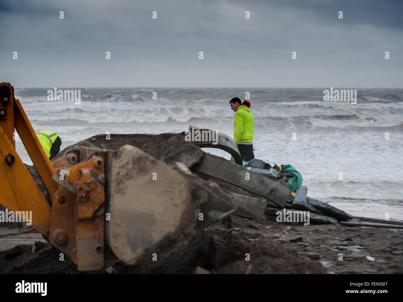 Aberystwyth, West Wales, UK. 8th February 2016. UK Weather: The cleanup starts and people come out to survey the damage caused by the high winds nearly this morning by Storm Imogen. Credit:  Veteran Photography/Alamy Live News Stock Photo