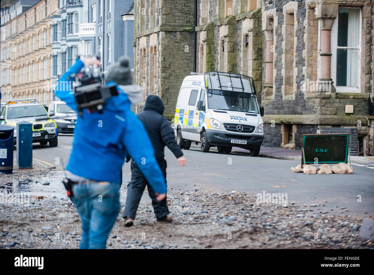 Aberystwyth, West Wales, UK. 8th February 2016. UK Weather: The cleanup starts and people come out to survey the damage caused by the high winds nearly this morning by Storm Imogen. Credit:  Veteran Photography/Alamy Live News Stock Photo