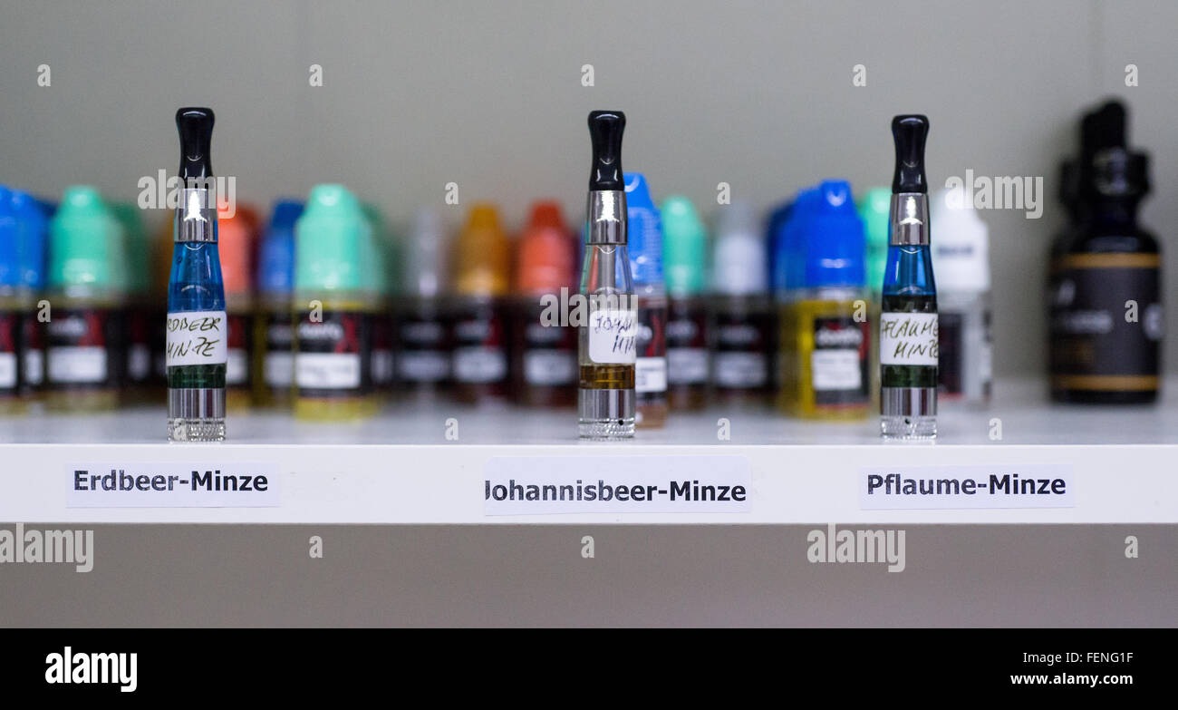 Munich, Germany. 8th Feb, 2016. Liquids for ecigarettes of different