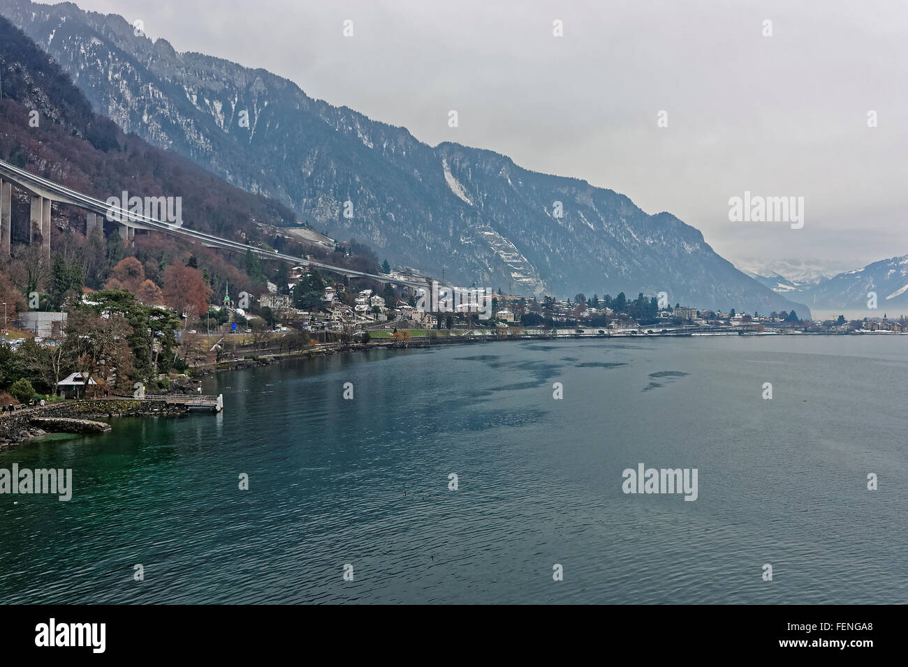 Long bridge above Montreux and Lake Geneva in winter. Montreux is a city in the canton of Vaud in Switzerland. It is located on Stock Photo