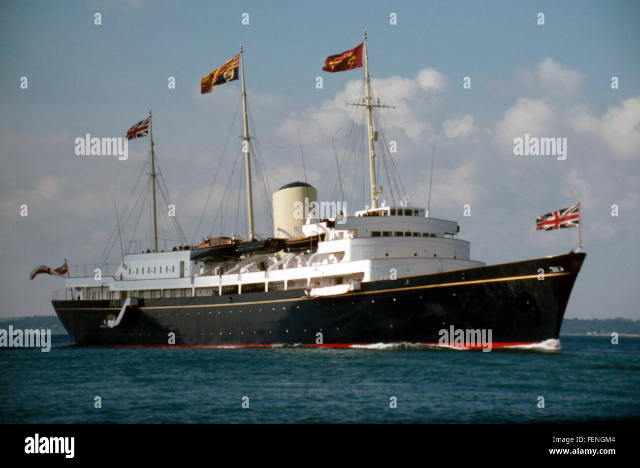 AJAX NEWS PHOTOS. 1975 (ABOUT). SOLENT, ENGLAND. - ROYAL YACHT - THE ROYAL YACHT BRITANNIA WITH H.M. QUEEN ELIZABETH II EMBARKED UNDER WAY OFF THE ISLE OF WIGHT TOWARD PORTSMOUTH.   PHOTO:VIV TOWNLEY/AJAX  REF:16001 Stock Photo