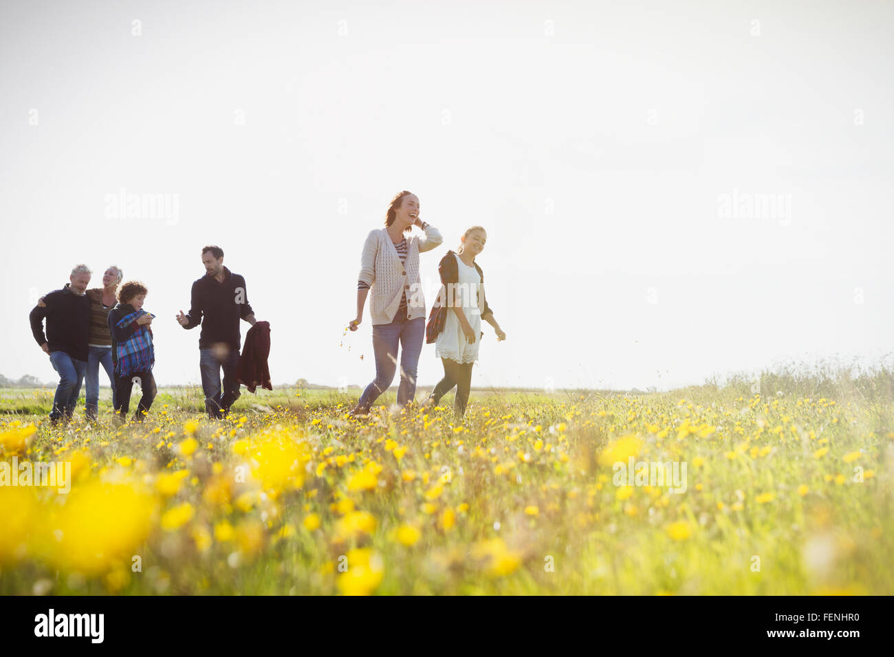 Multi-generation family walking in sunny meadow with wildflowers Stock Photo