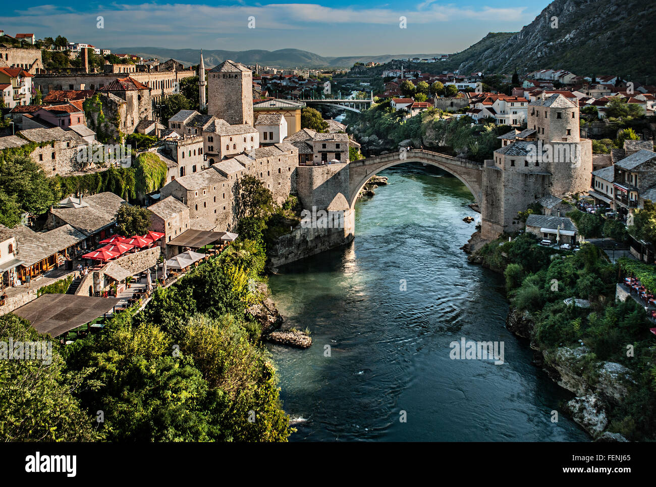 The Old Bridge and Neretva River in Mostar, Bosnia and Hercegovina Stock Photo