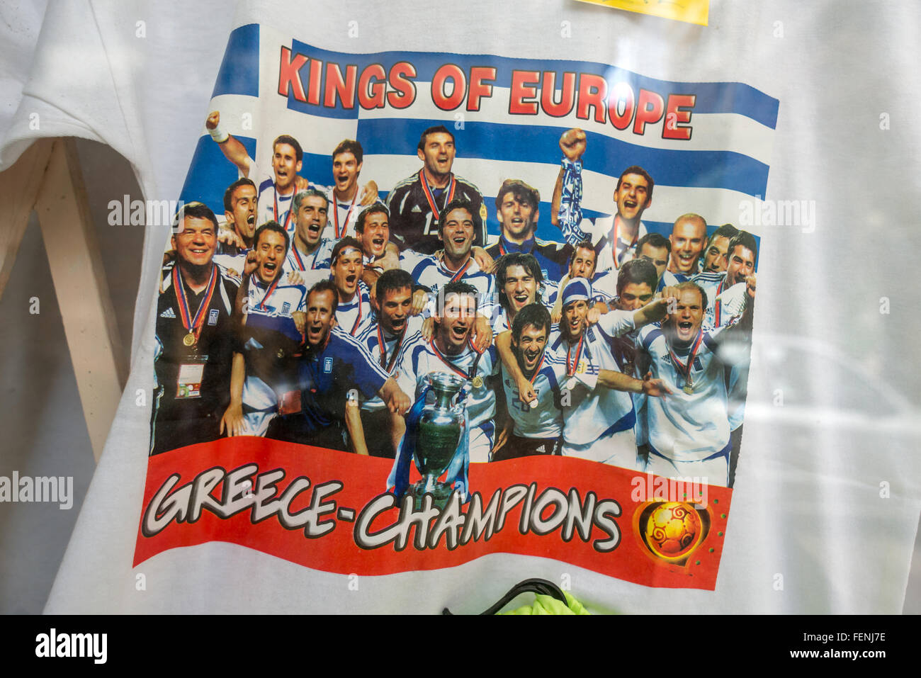 T-shirt design showing the Greek national football team, champions of the Euro 2004 competition. Stock Photo