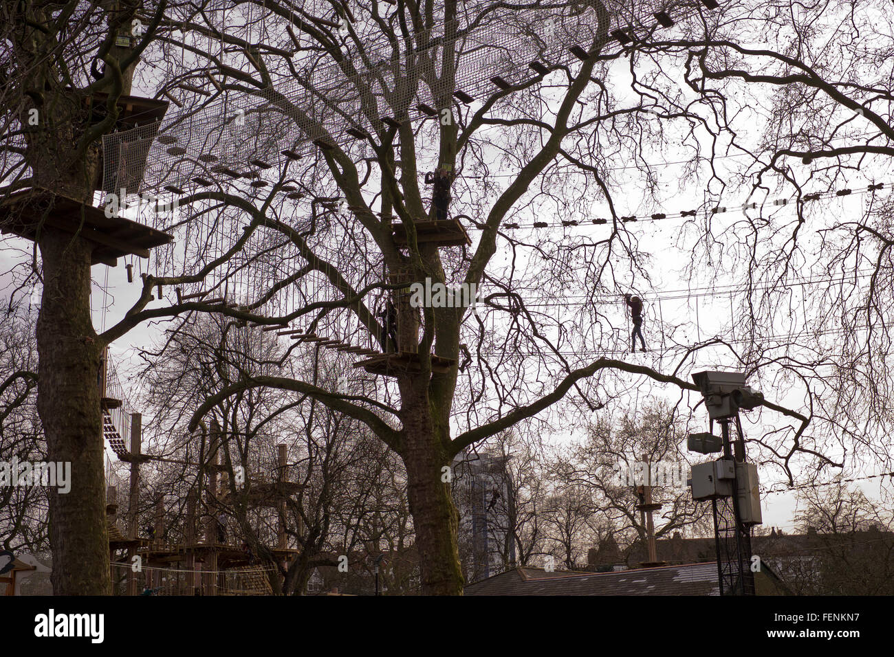 High wire walking in Battersea Park activity centre London Stock Photo