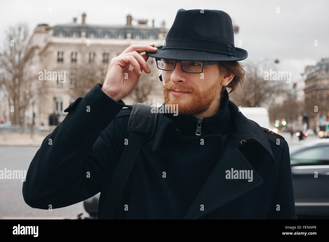 Serious Thoughtful Bearded Man Wearing Hat while Walking on the Street ...