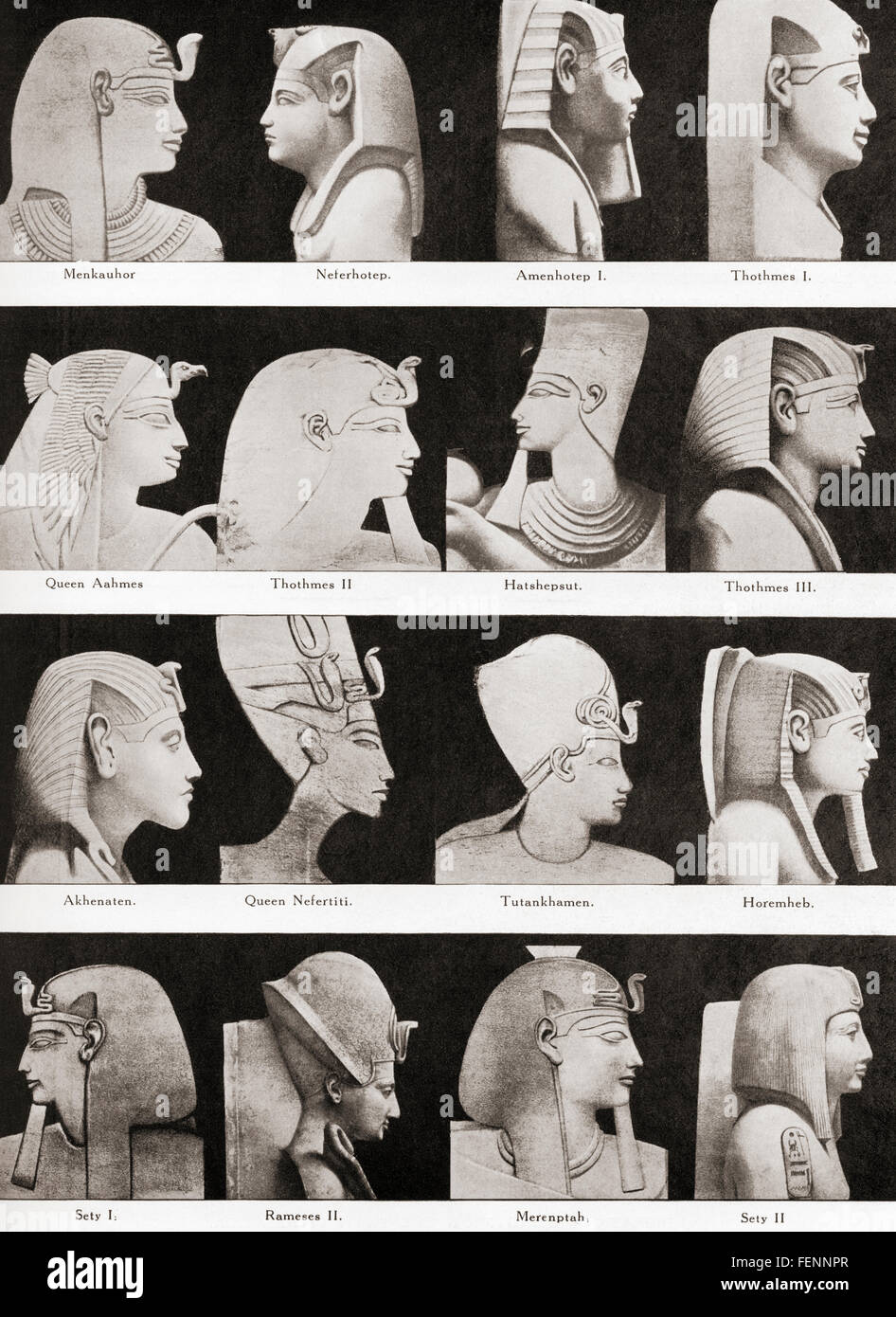 Leading kings and queens of ancient Egypt.  From top left to right; Menkauhor.  Neferhotep.  Amenhotep I.  Thothmes I.  Queen Aahmes.  Thothmes II.  Hatshepsut.  Thothmes III.  Akhenaten.  Queen Nefertiti.  Tutankhamen.  Horemheb.  Sety I.  Rameses II.  Merenptah.  Sety II.  From Hutchinson's History of the Nations, published 1900. Stock Photo