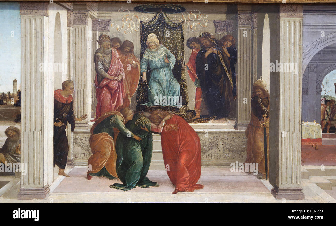 Three scenes from the story of Esther, 1470-1475. The swooning of Esthe with her husband. By Filippino Lippi (1457-1504). Stock Photo