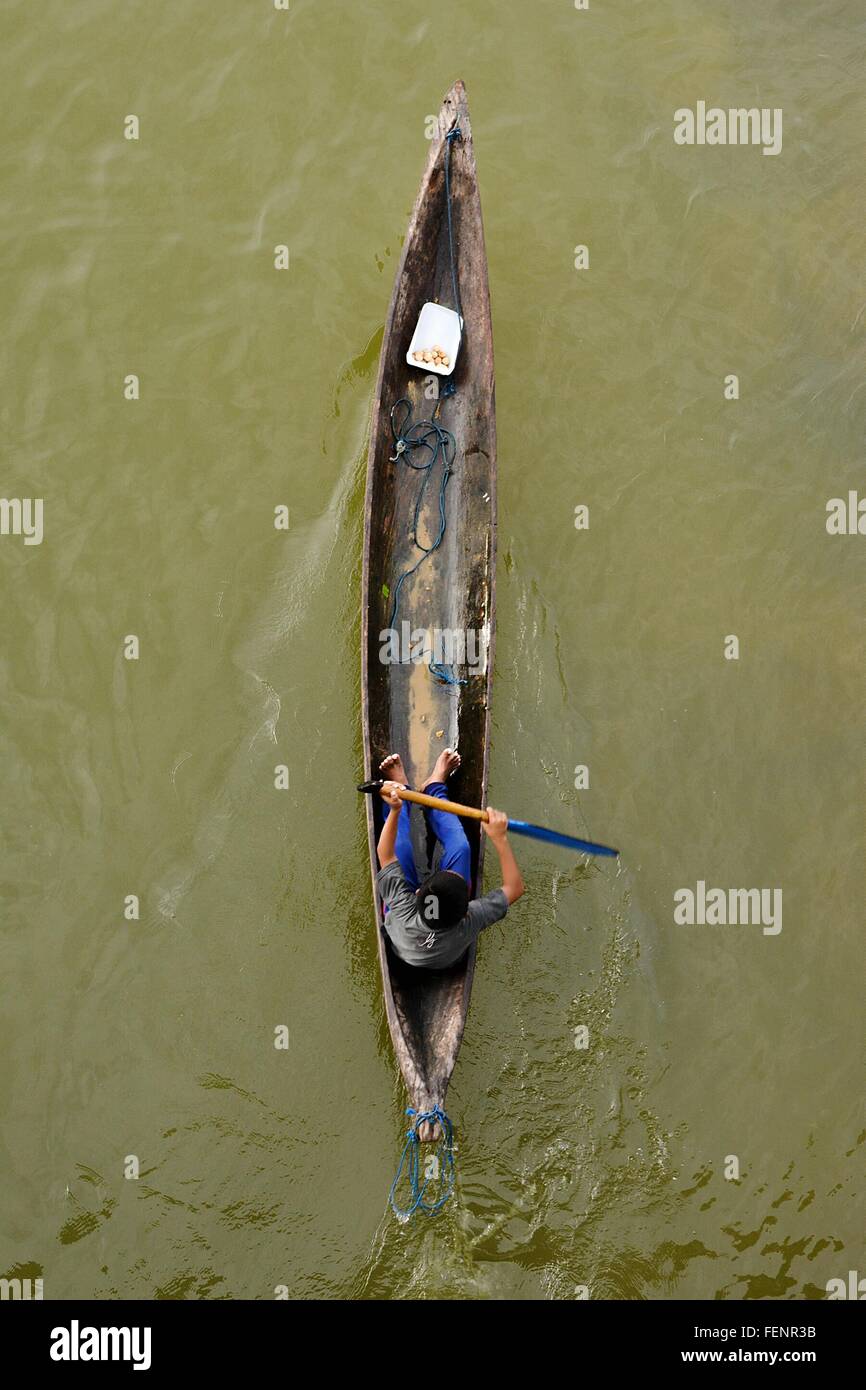 High Angle View Of Man Canoeing Stock Photo