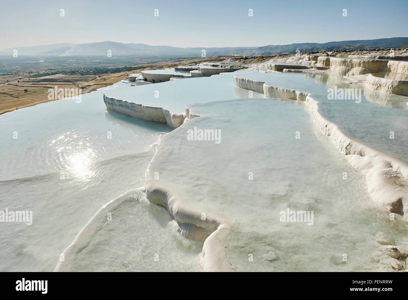 White hot spring terraces, Pamukkale, Anatolia, Turkey Stock Photo