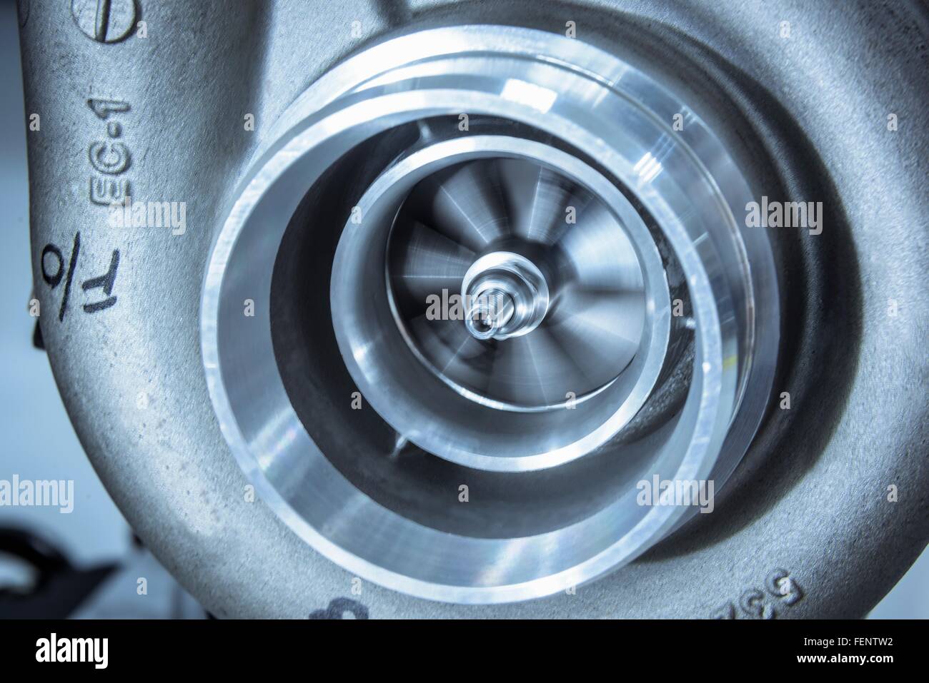 Close up detail of spinning turbocharger blades in research facility Stock Photo