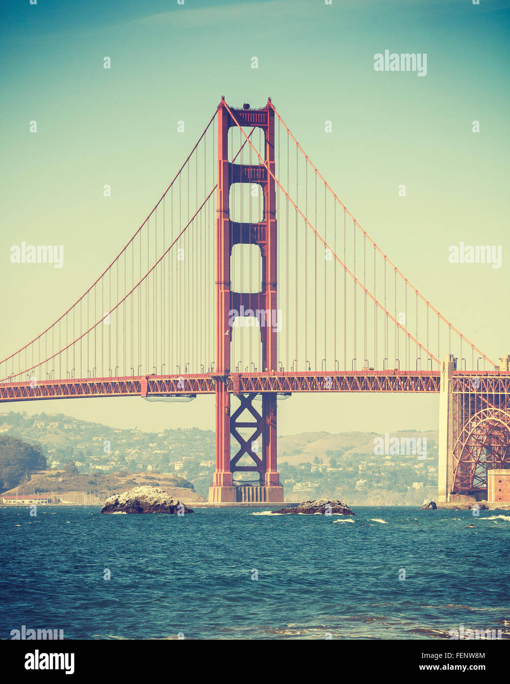 Old film retro style Golden Gate Bridge in San Francisco, USA. Stock Photo