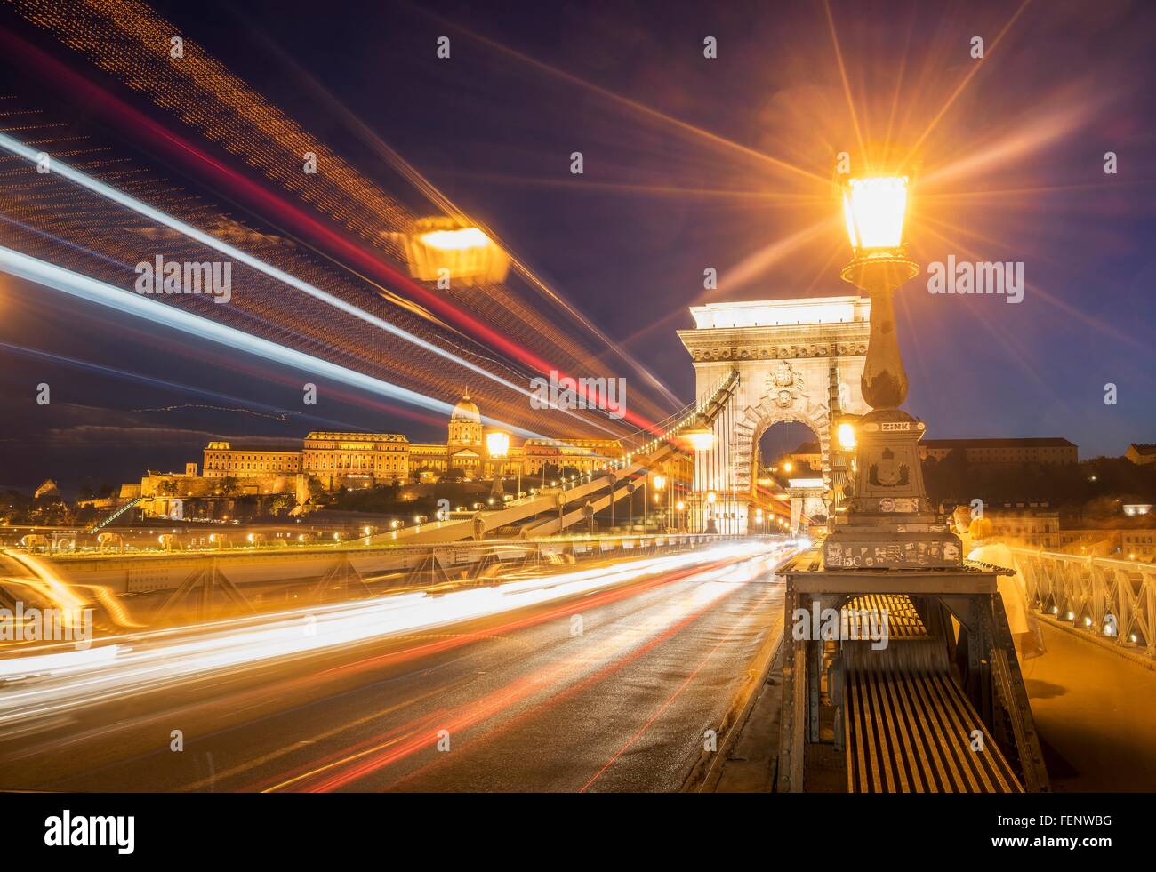 Traffic on Chain Bridge at night, Hungary, Budapest Stock Photo