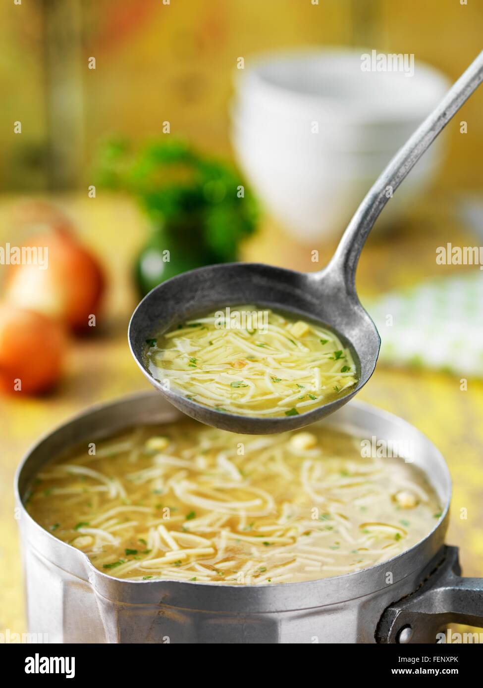 Saucepan and ladle of chicken noodle soup with onions, herbs and stock Stock Photo