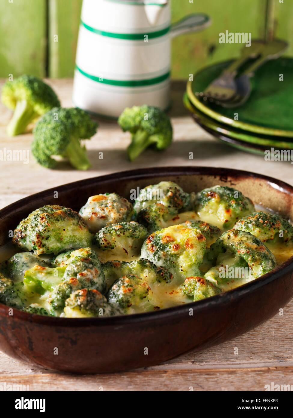 Casserole side dish with  broccoli gratin and cheese Stock Photo